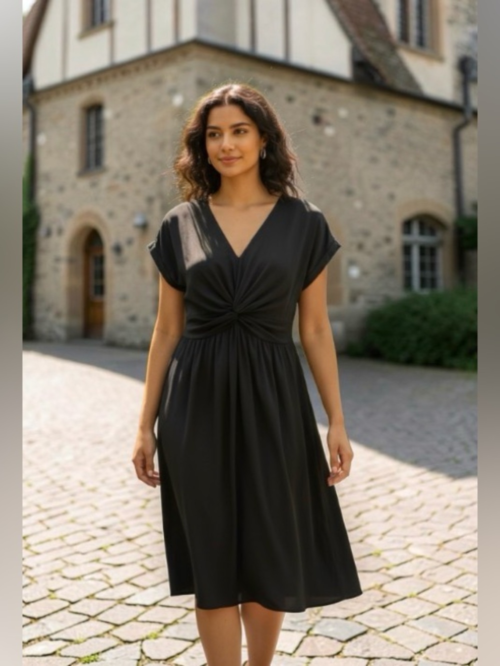 Ava & Viv 2X Black Twist-Front V-Neck Midi Dress